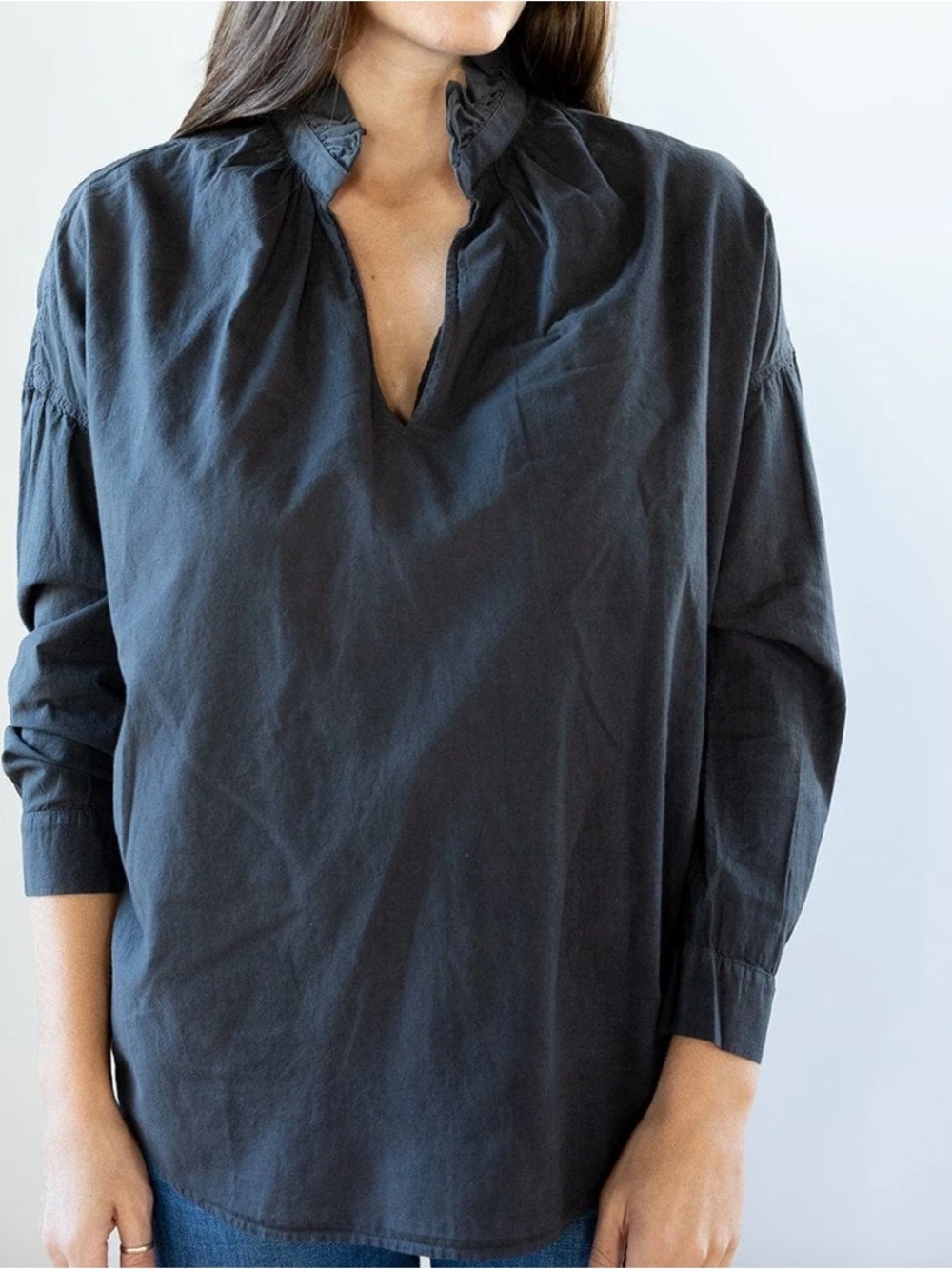 Black Ruffled V-Neck Button-Down Tunic Shirt
